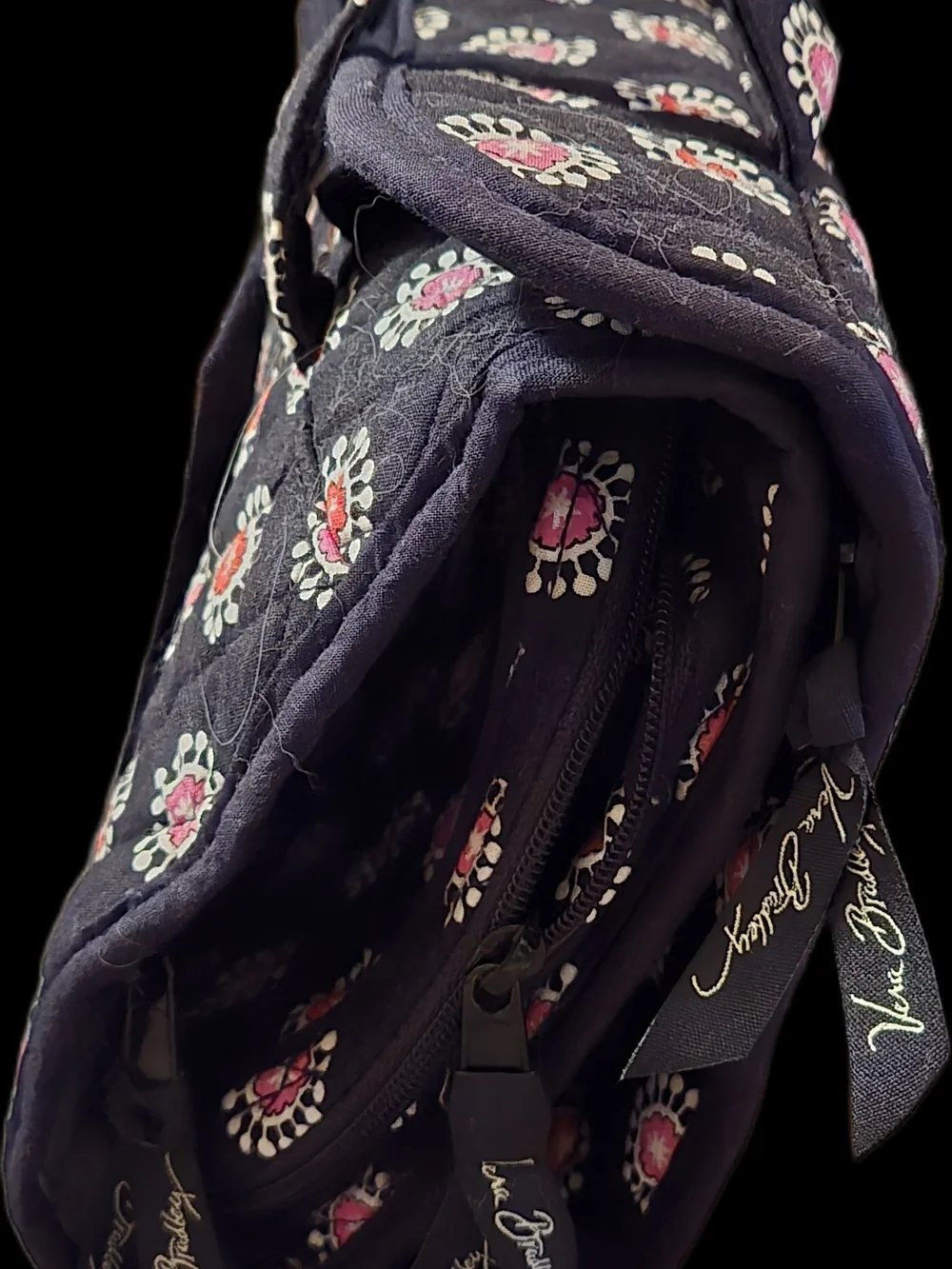 Vera Bradley Quilted Black Travel Organizer Bag with Pink Floral Medallions